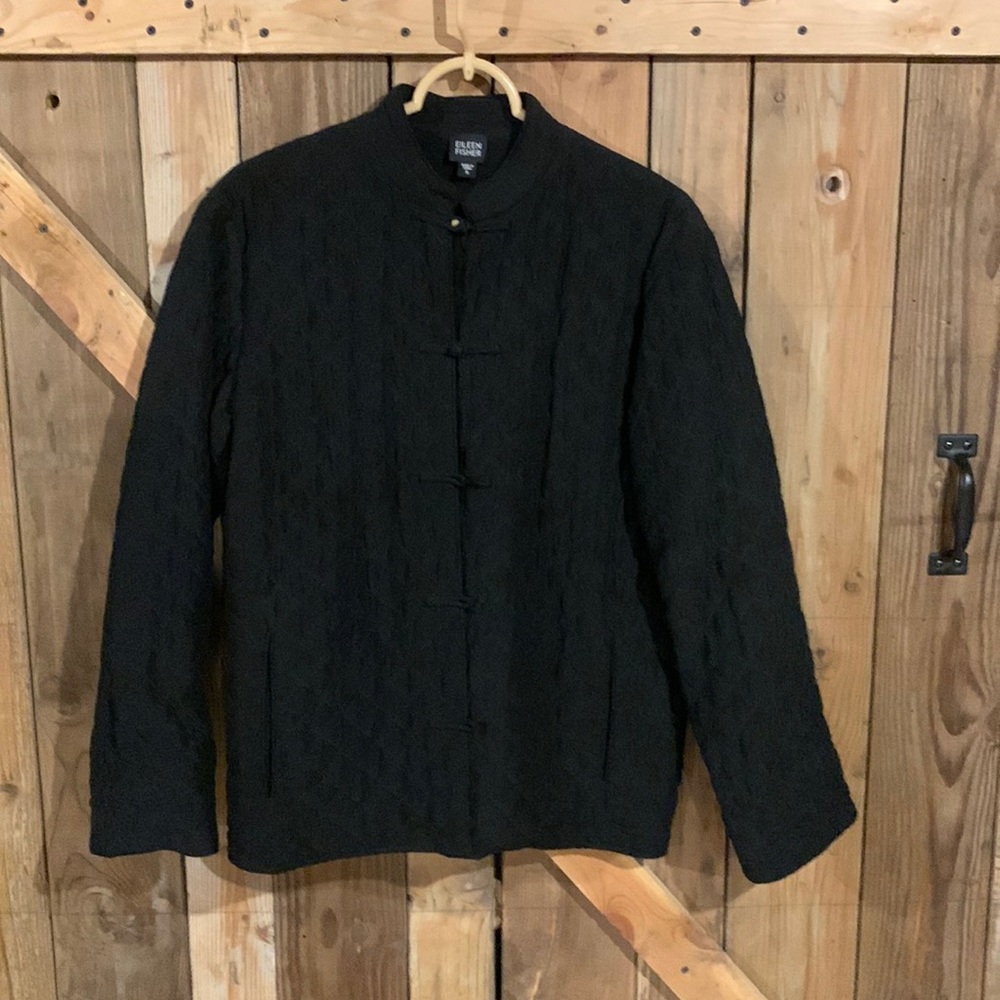 Eileen Fisher mandarin style quilted silk and linen jacket.